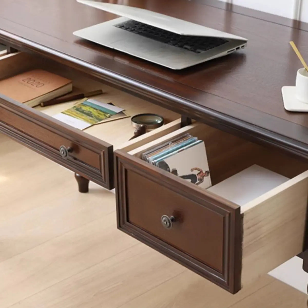 Classic Nut-Brown Solid Wood Drawers Computer Desk Image - 7