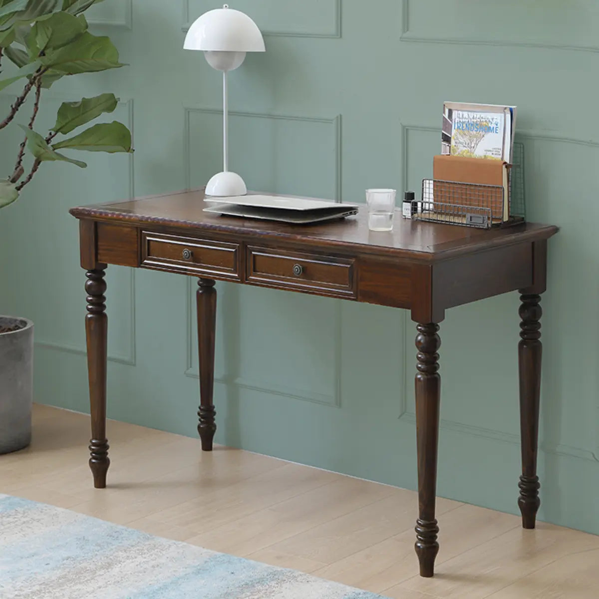 Classic Nut-Brown Solid Wood Drawers Computer Desk Image - 8