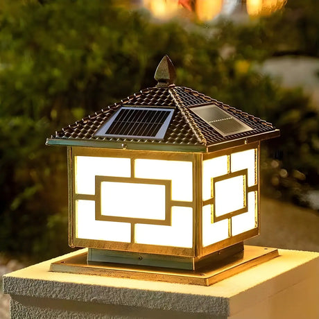 Classic Oriental Square Solar Outdoor Pillar Lamp Gold Image - 1