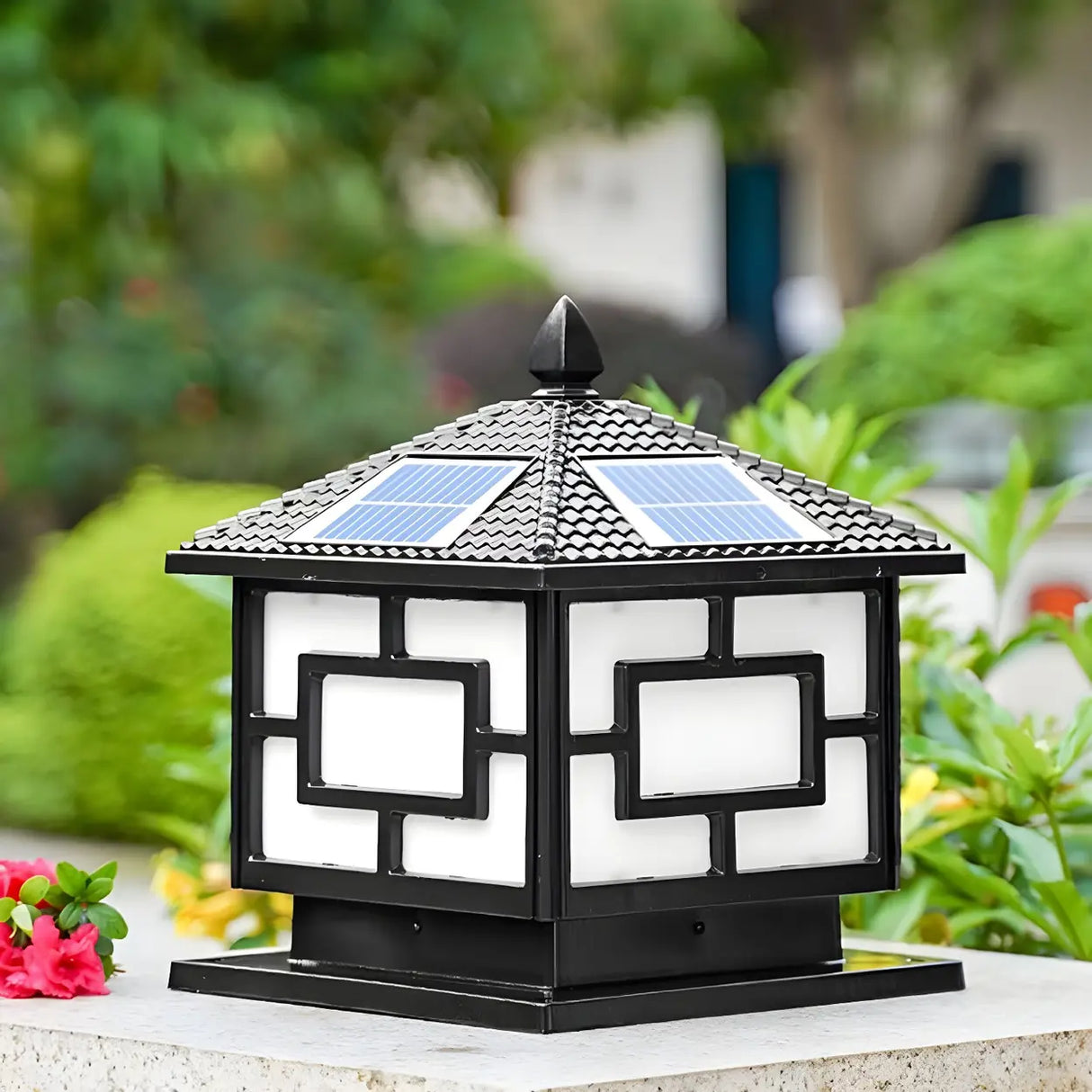 Classic Oriental Square Solar Outdoor Pillar Lamp Gold Image - 11