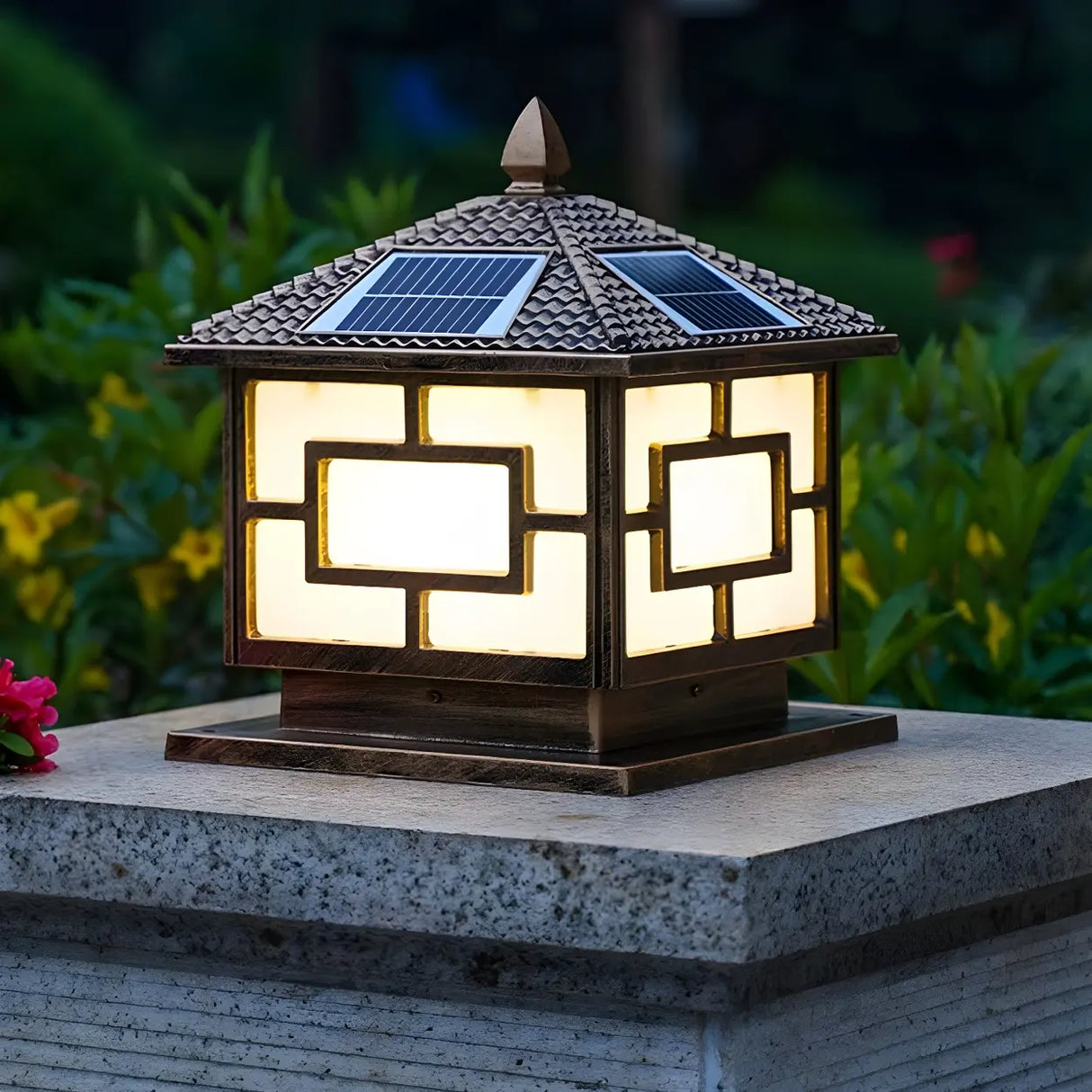 Classic Oriental Square Solar Outdoor Pillar Lamp Gold Image - 12