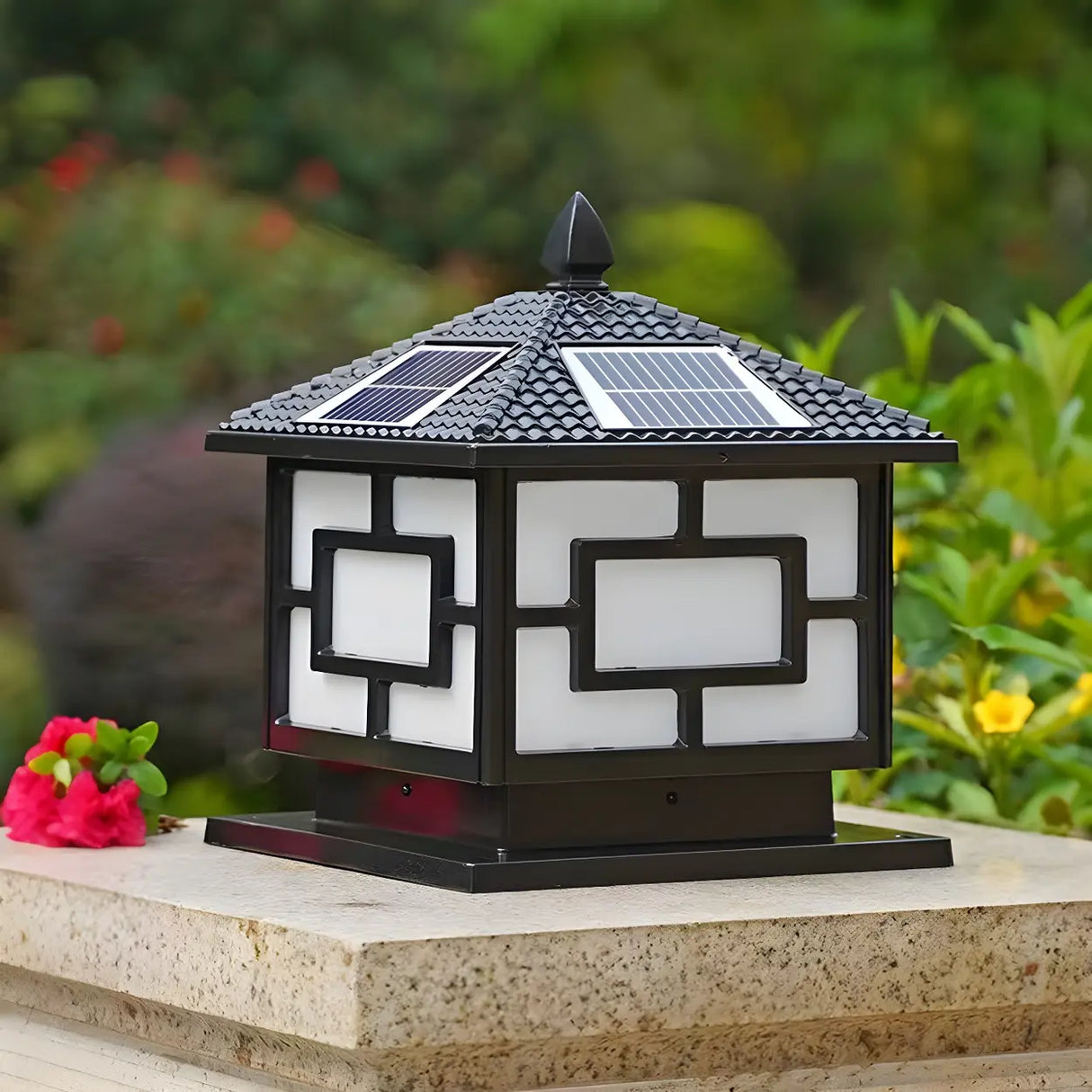 Classic Oriental Square Solar Outdoor Pillar Lamp Gold Image - 3