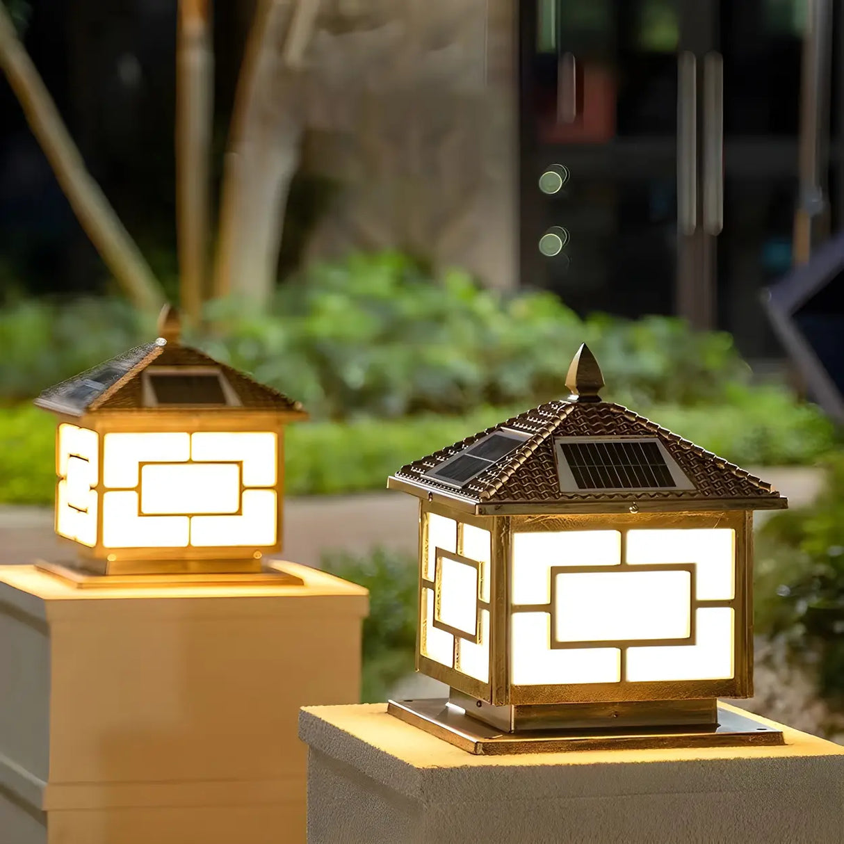 Classic Oriental Square Solar Outdoor Pillar Lamp Gold Image - 5