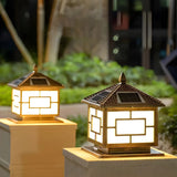 Classic Oriental Square Solar Outdoor Pillar Lamp Gold Image - 5