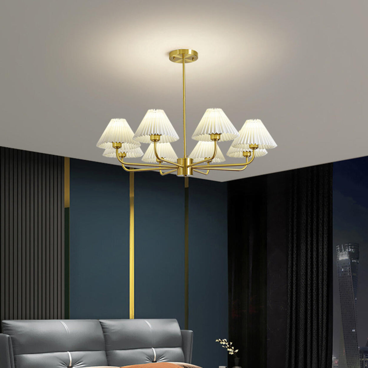 Classic Pleated Fabric Gold Chandelier Adjustable Height Image - 1