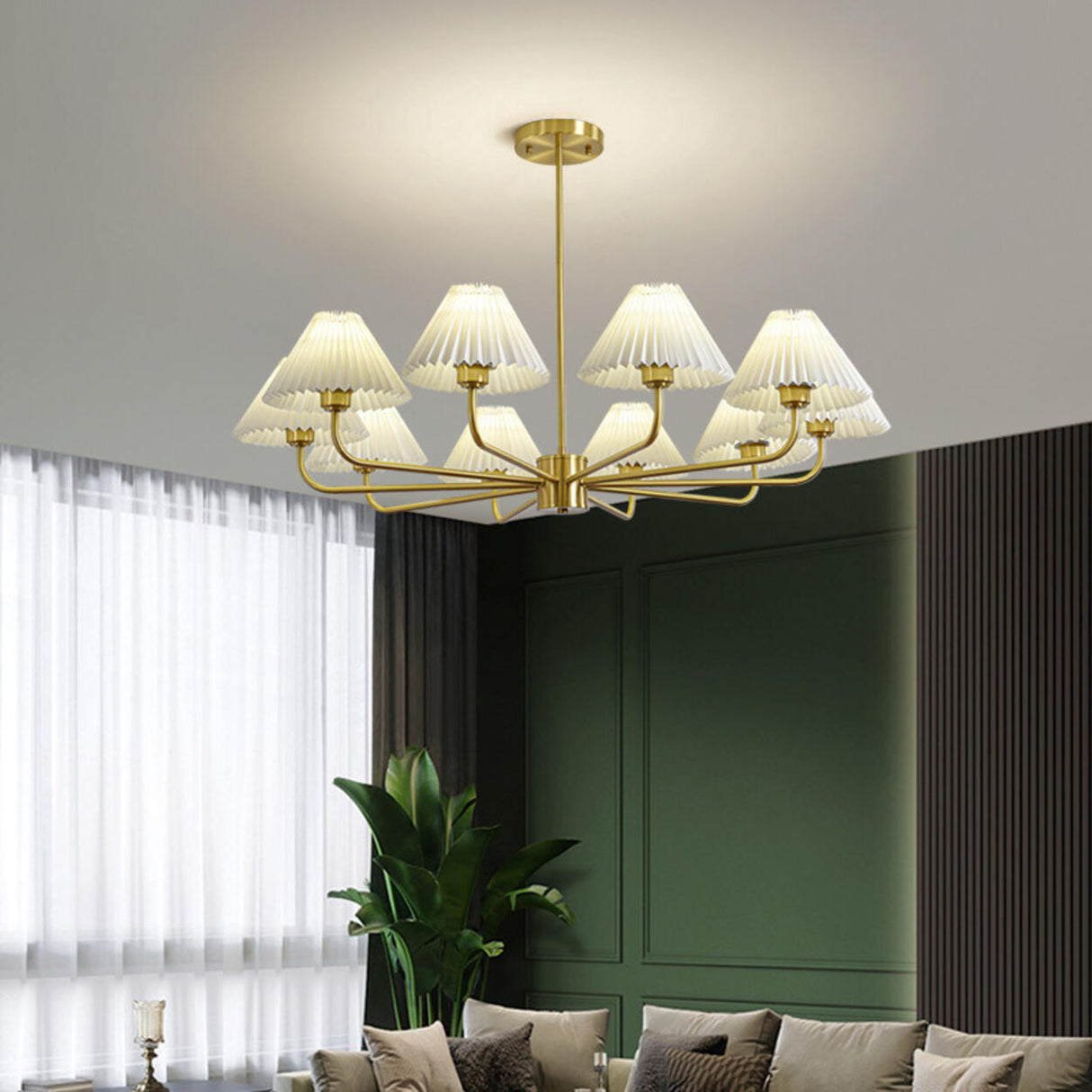 Classic Pleated Fabric Gold Chandelier Adjustable Height Image - 2