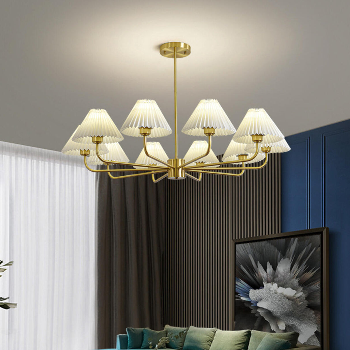 Classic Pleated Fabric Gold Chandelier Adjustable Height Image - 4