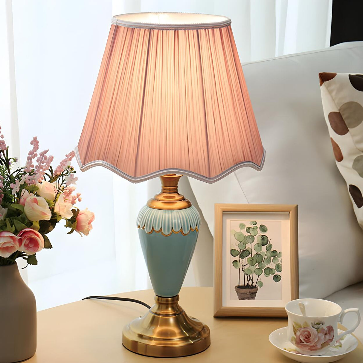 Classic Pleated Fabric Shade Green Ceramic Table Lamp Image - 14