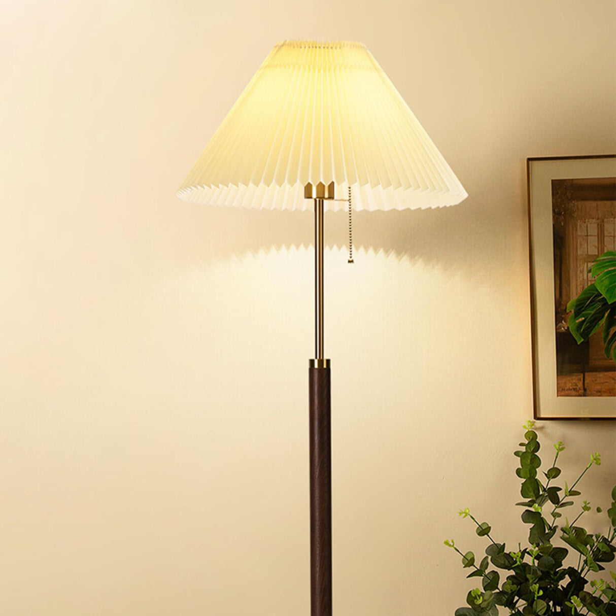 Classic Pleated Shade and Wooden Stand Floor Lamp Image - 11