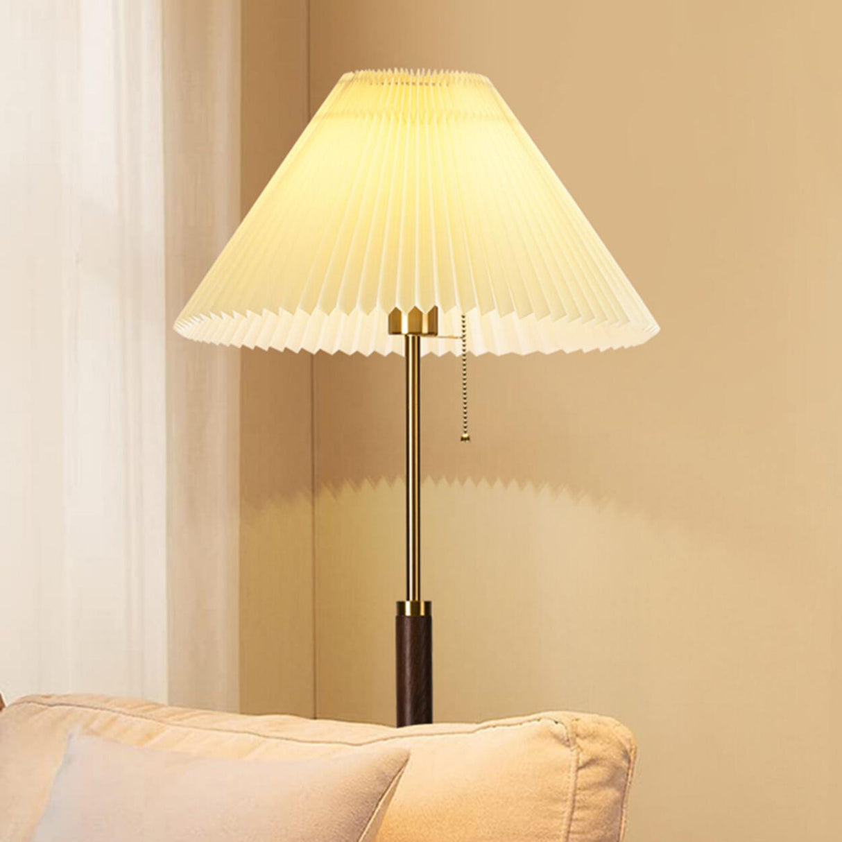 Classic Pleated Shade and Wooden Stand Floor Lamp Image - 13