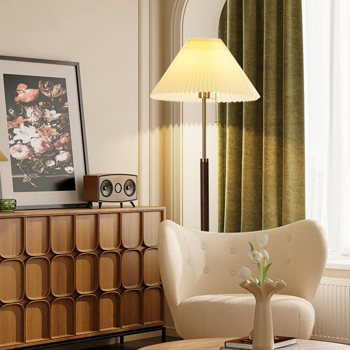 Classic Pleated Shade and Wooden Stand Floor Lamp Image - 4