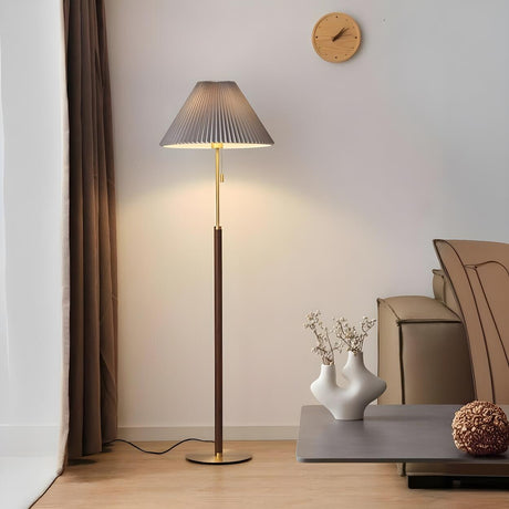 Classic Pleated Walnut Floor Lamp with Pull Chain Image - 1