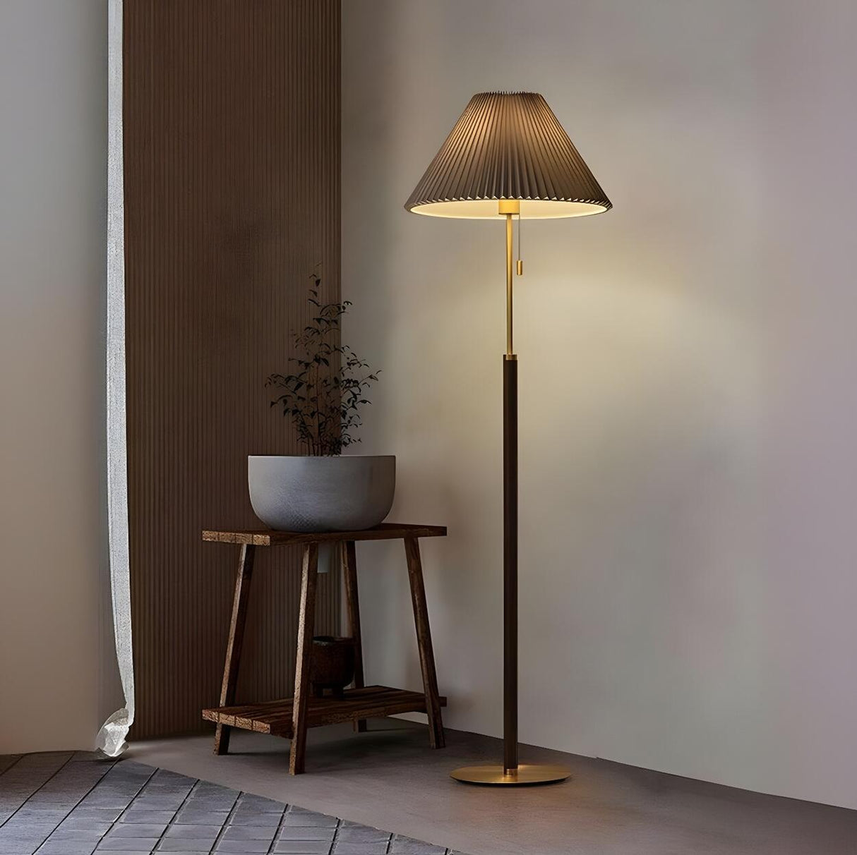 Classic Pleated Walnut Floor Lamp with Pull Chain Image - 6