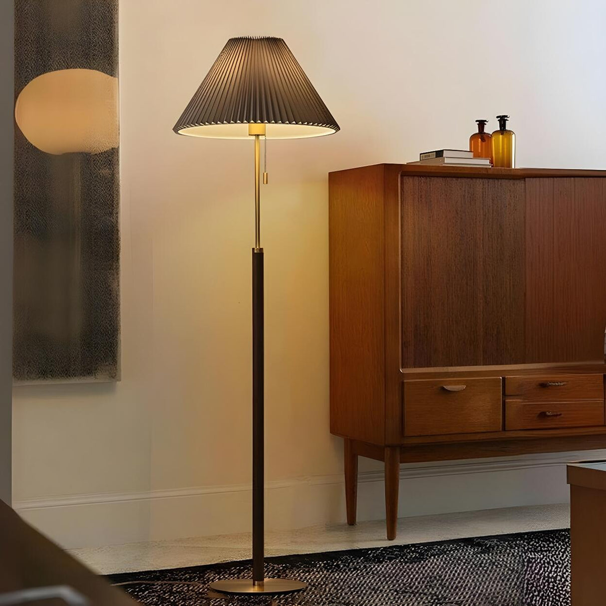 Classic Pleated Walnut Floor Lamp with Pull Chain Image - 9