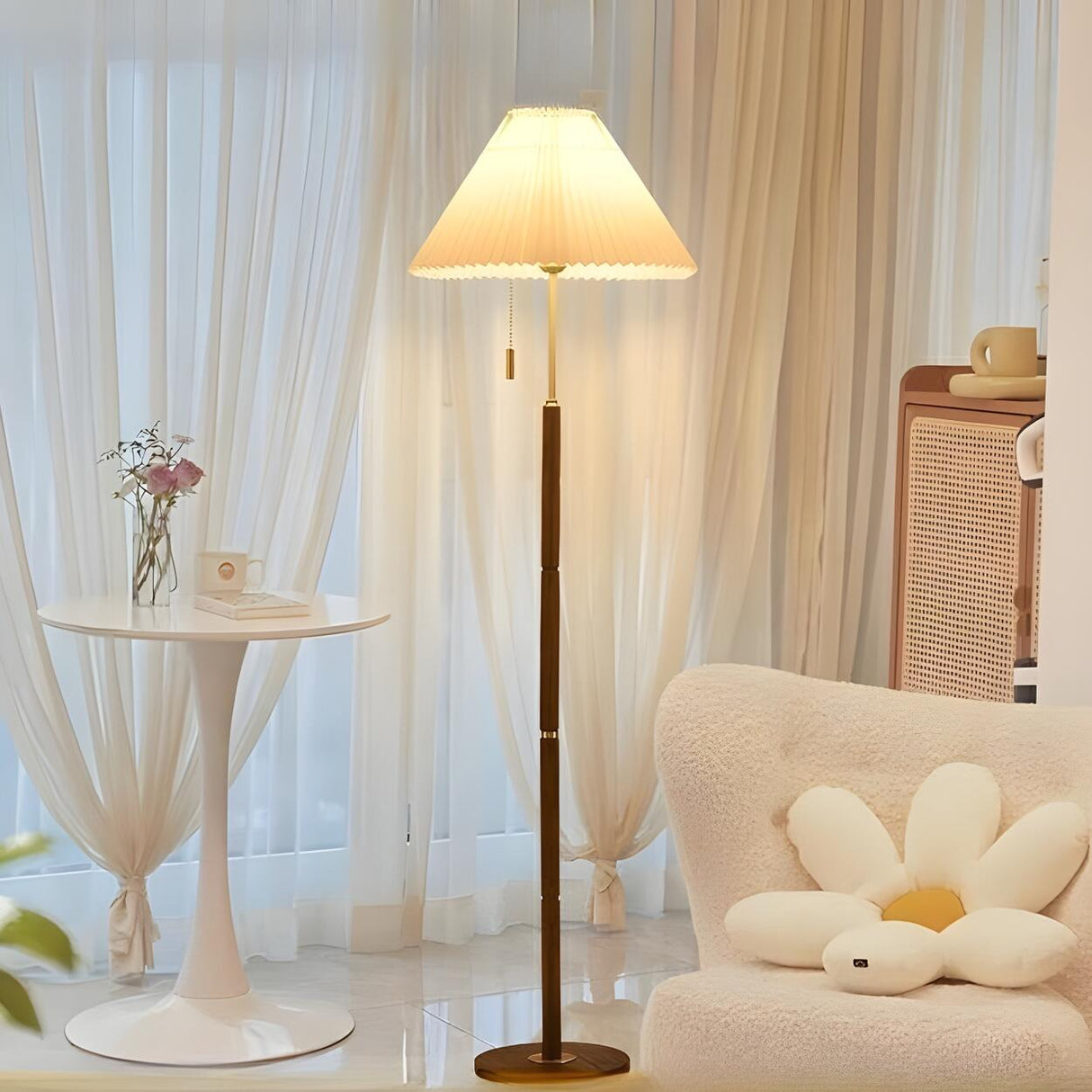 Classic Pleated Wooden Floor Lamp with Pull Chain Image - 3