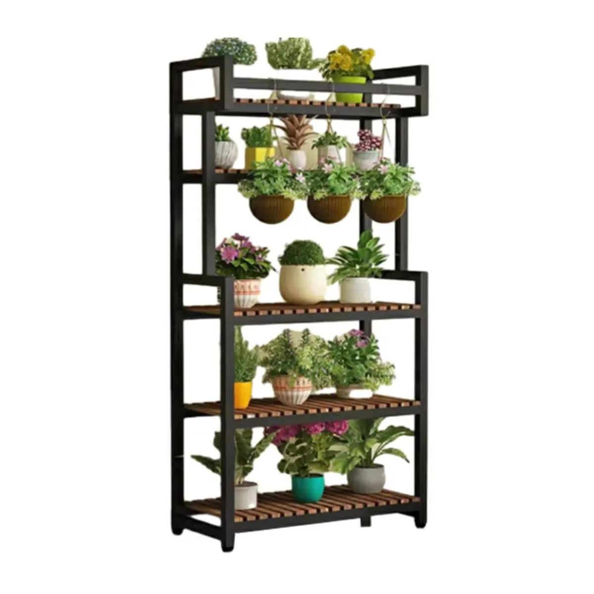 Classic Rectangle Wood Floor Metal Plant Stand Black Image - 10