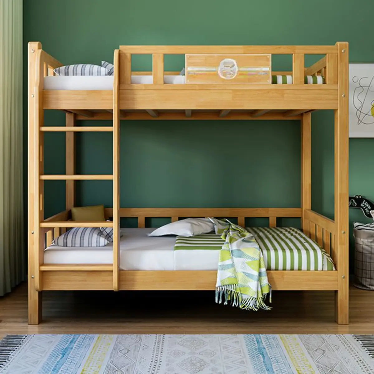 Classic Rectangle Wooden Brown Bunk Bed with Guardrail Image - 1