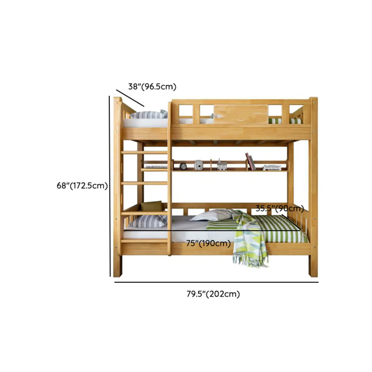 Classic Rectangle Wooden Brown Bunk Bed with Guardrail 