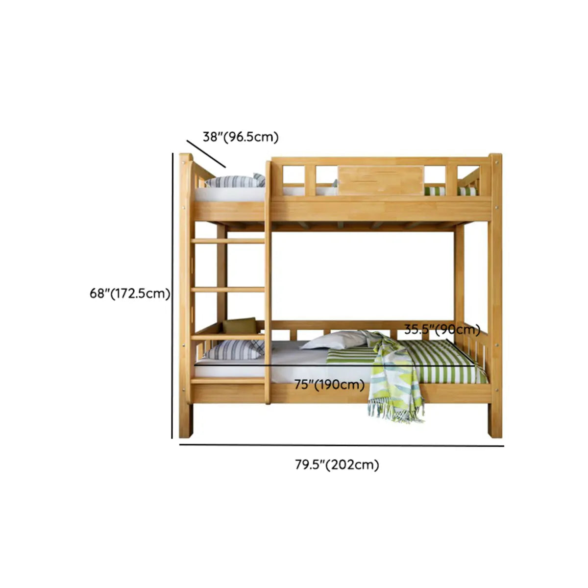 Classic Rectangle Wooden Brown Bunk Bed with Guardrail Image - 16