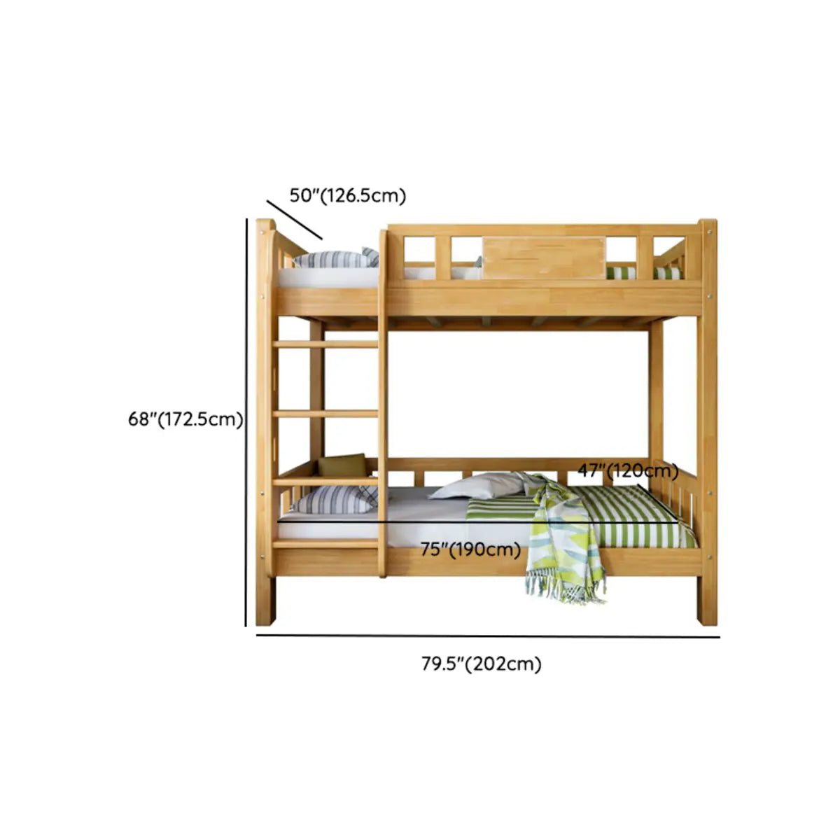 Classic Rectangle Wooden Brown Bunk Bed with Guardrail Image - 18