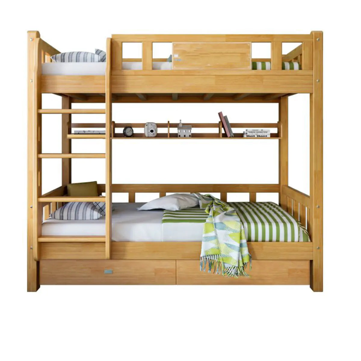 Classic Rectangle Wooden Brown Bunk Bed with Guardrail Image - 2