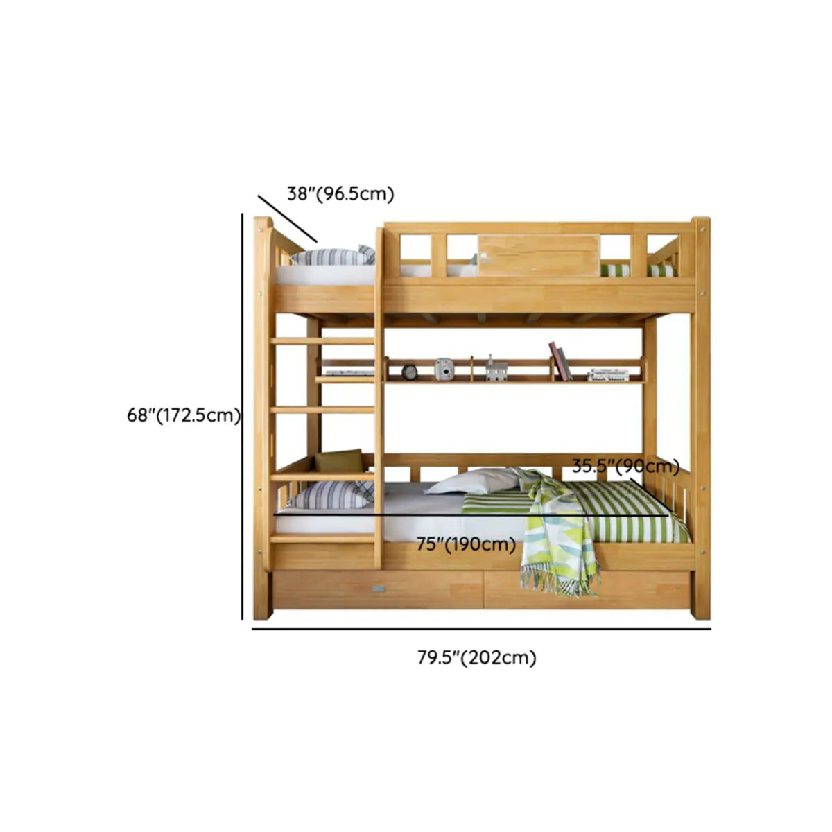 Classic Rectangle Wooden Brown Bunk Bed with Guardrail Image - 20