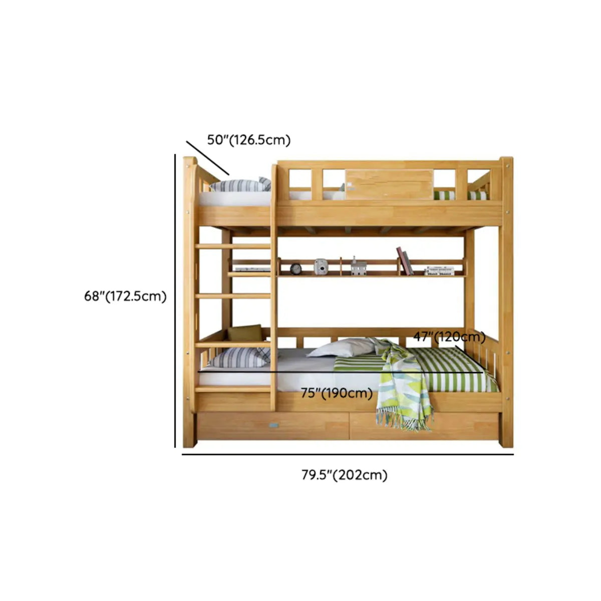 Classic Rectangle Wooden Brown Bunk Bed with Guardrail Image - 21