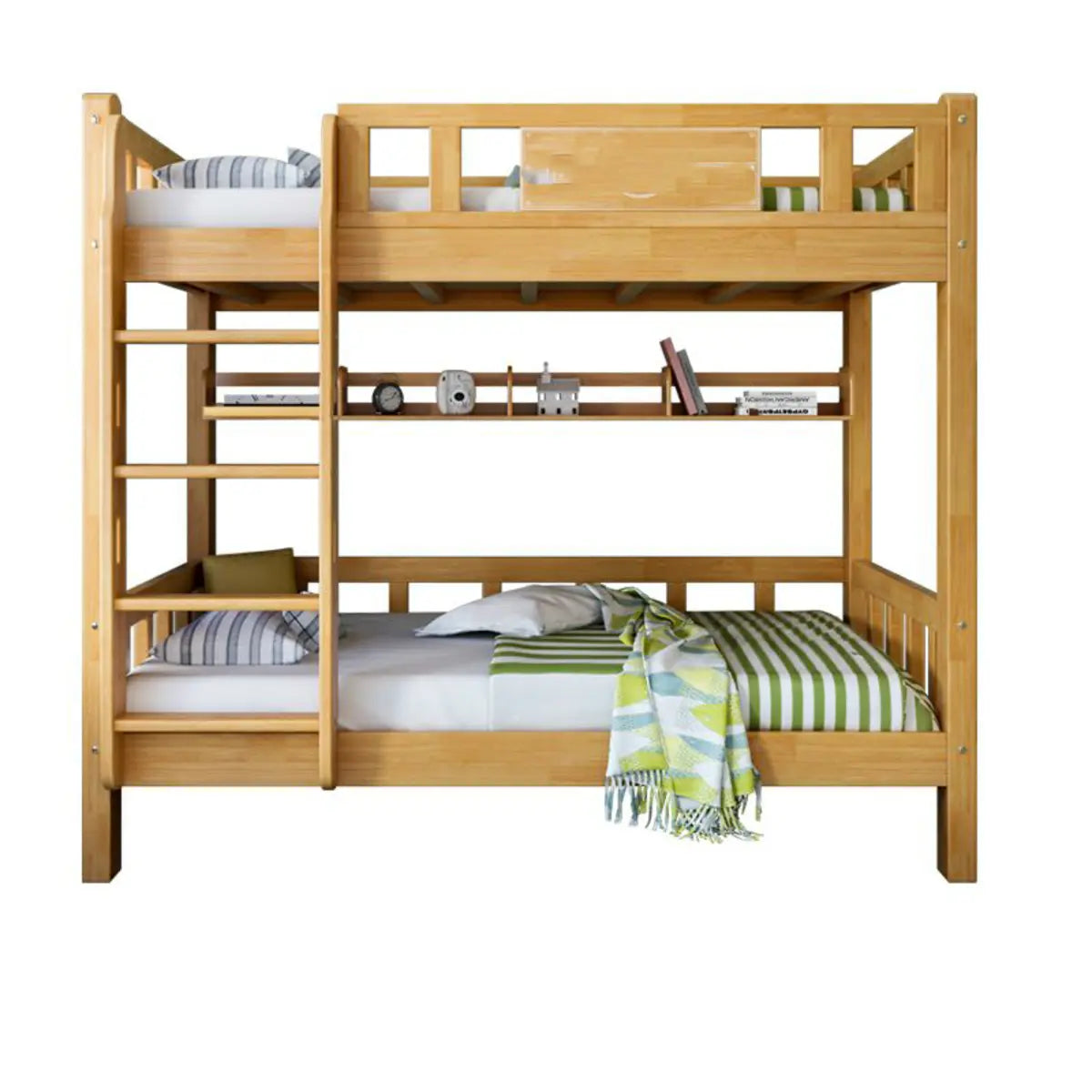 Classic Rectangle Wooden Brown Bunk Bed with Guardrail Image - 3