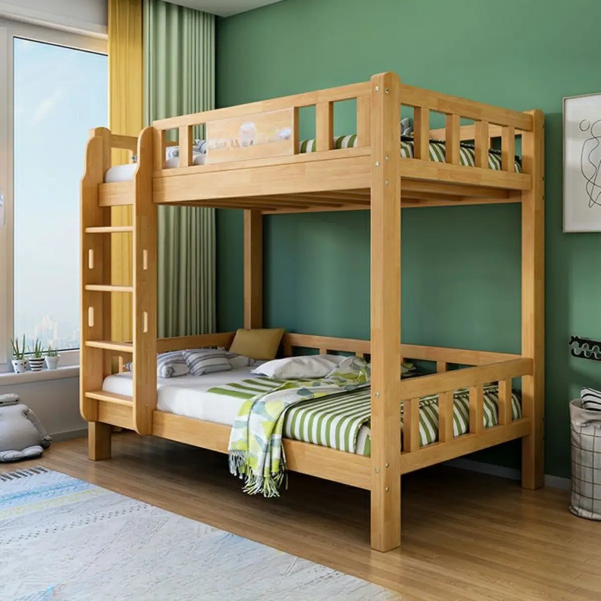 Classic Rectangle Wooden Brown Bunk Bed with Guardrail Image - 4