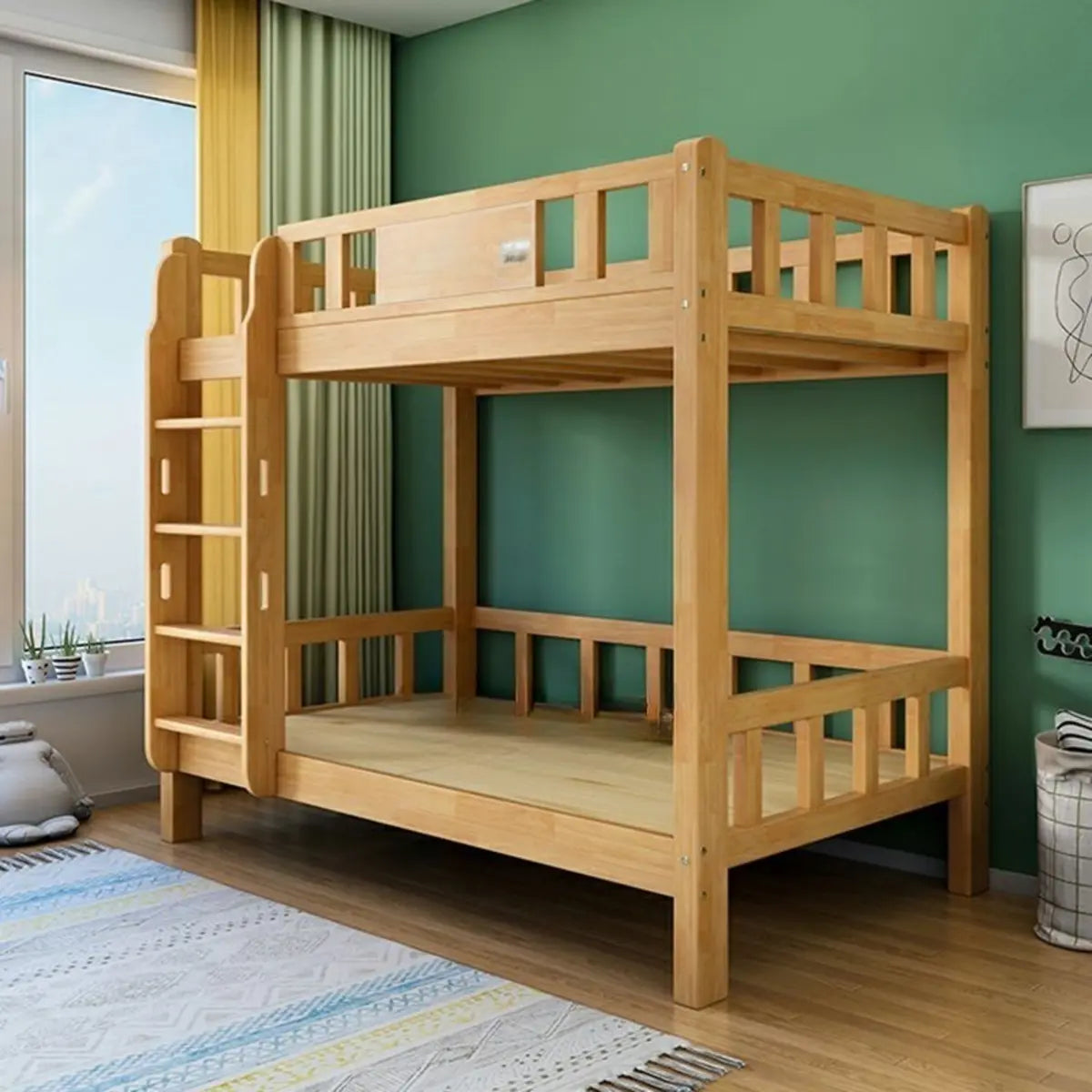 Classic Rectangle Wooden Brown Bunk Bed with Guardrail Image - 6