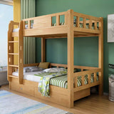 Classic Rectangle Wooden Brown Bunk Bed with Guardrail Image - 7