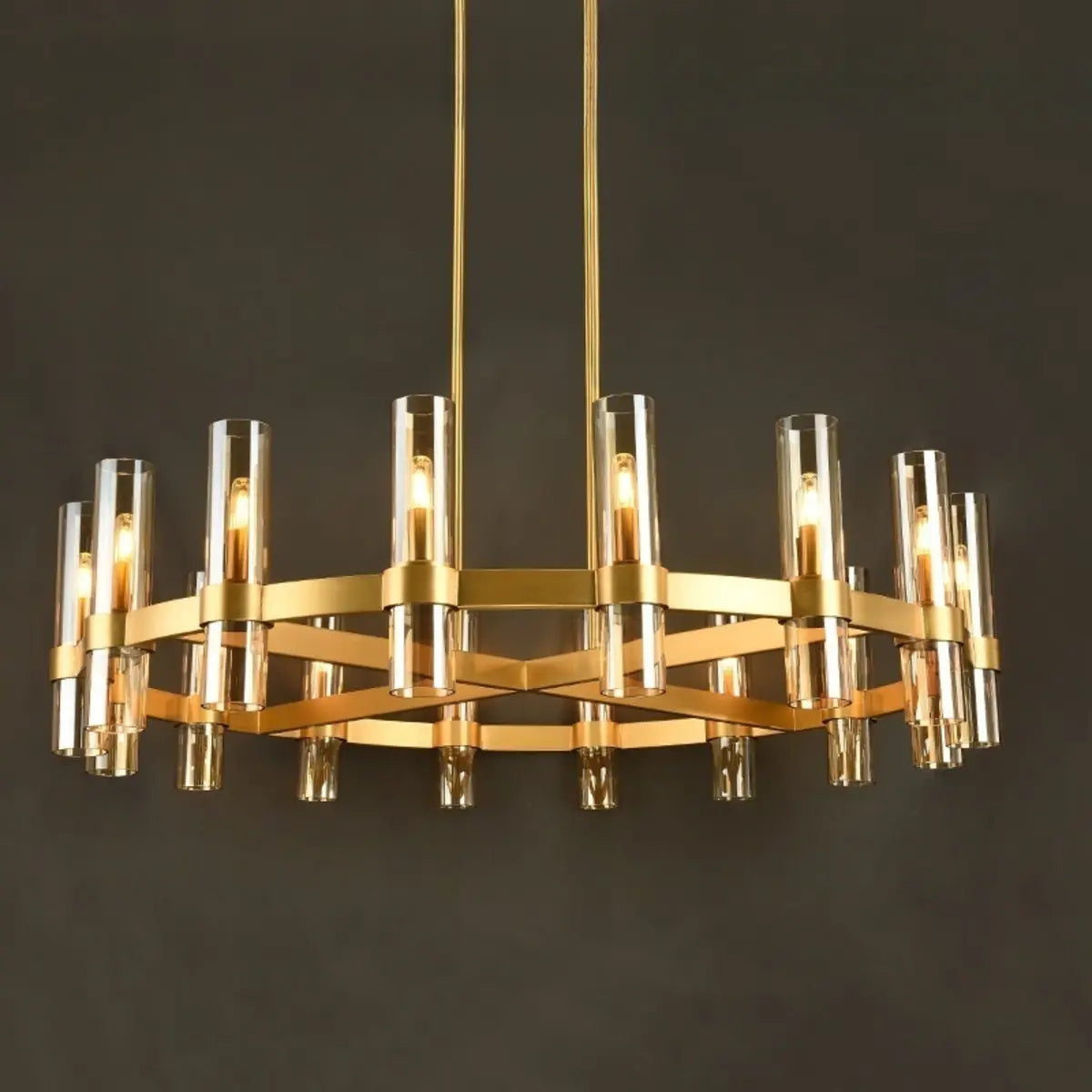 Classic Round Cylinder Glass Dining Room Bronze Chandelier Image - 19