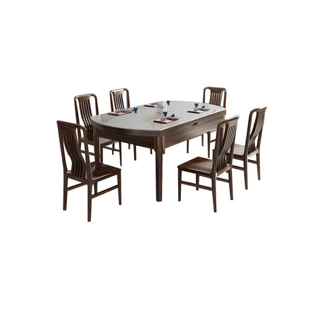 Classic Round Stone Dining Extension Table Brown Drop Leaf Image - 2