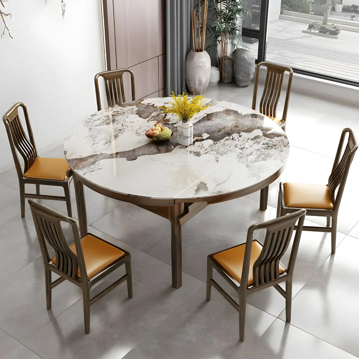 Classic Round Stone Dining Extension Table Brown Drop Leaf Image - 3