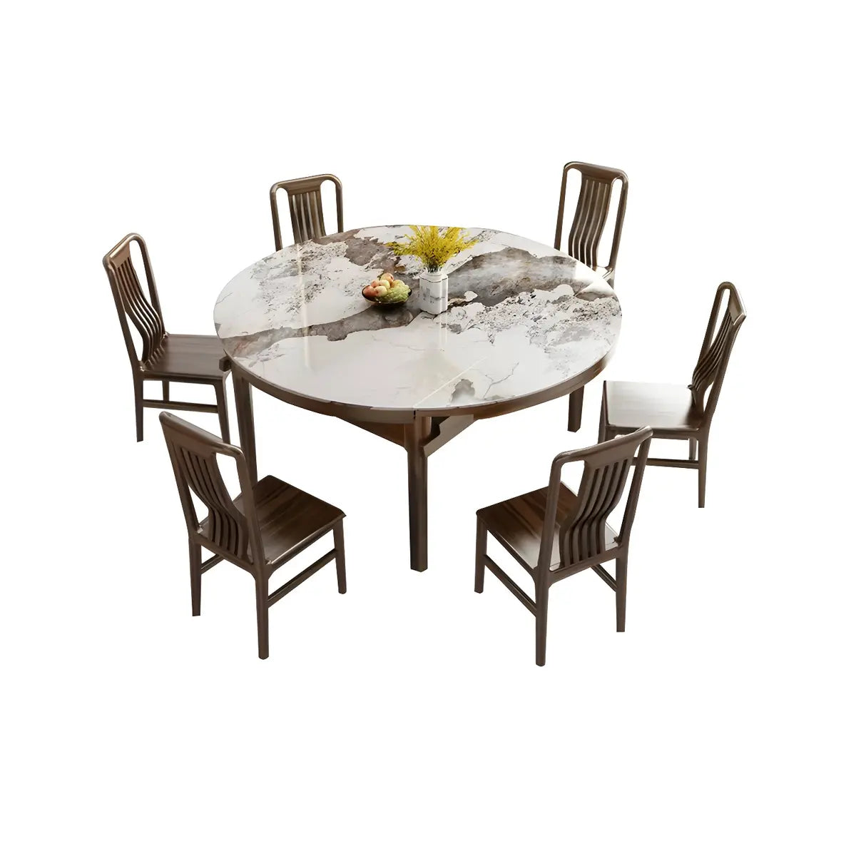 Classic Round Stone Dining Extension Table Brown Drop Leaf Image - 6