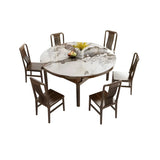 Classic Round Stone Dining Extension Table Brown Drop Leaf Image - 6