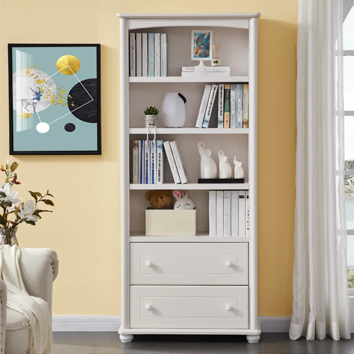 Classic Simple White Rectangular Wood Storage Bookcase Image - 2