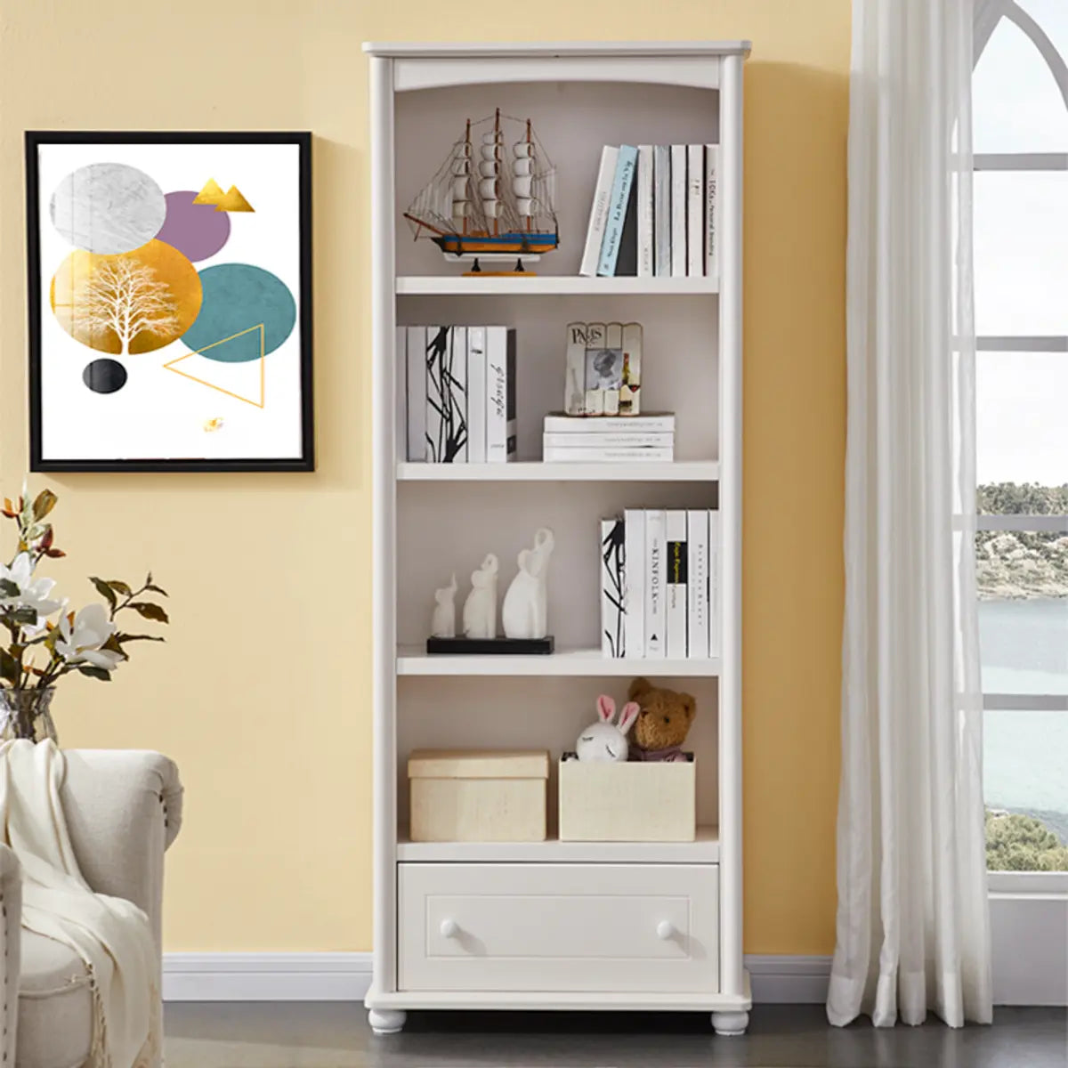 Classic Simple White Rectangular Wood Storage Bookcase Image - 3