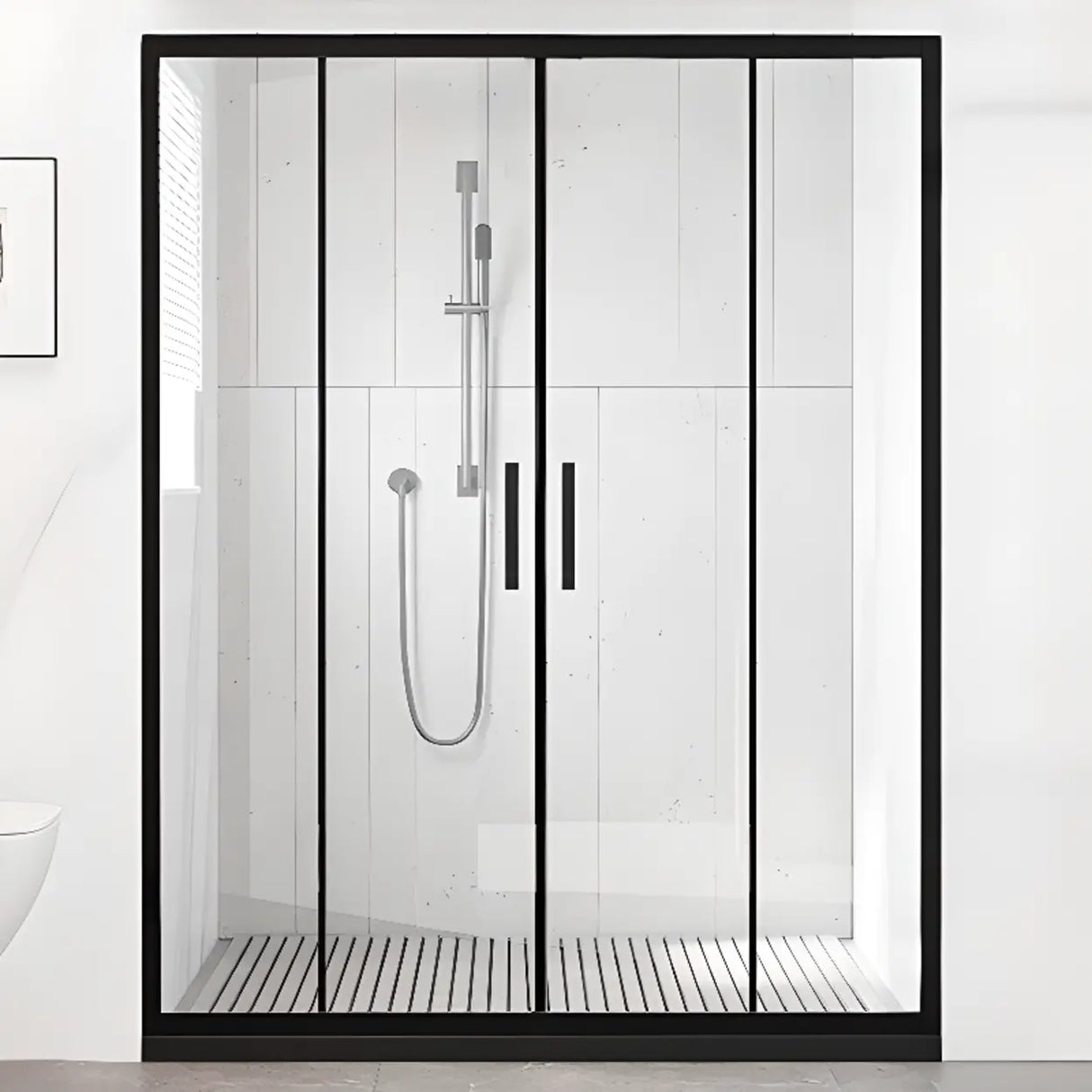 Classic Sliding Clear Glass Black Towel Bar Shower Door Image - 13