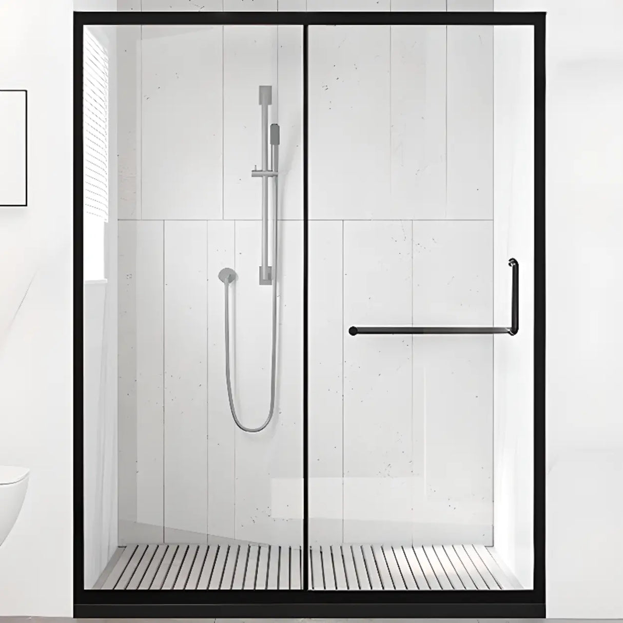 Classic Sliding Clear Glass Black Towel Bar Shower Door Image - 2