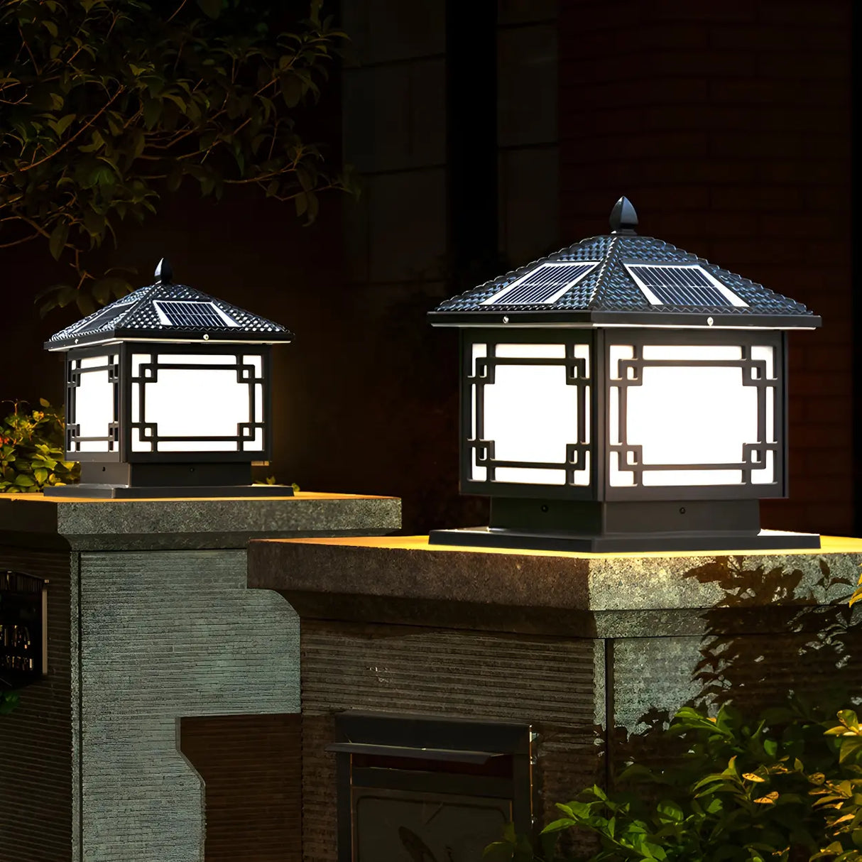 Classic Solar Asian Square Outdoor Garden Lantern Lamp Image - 4