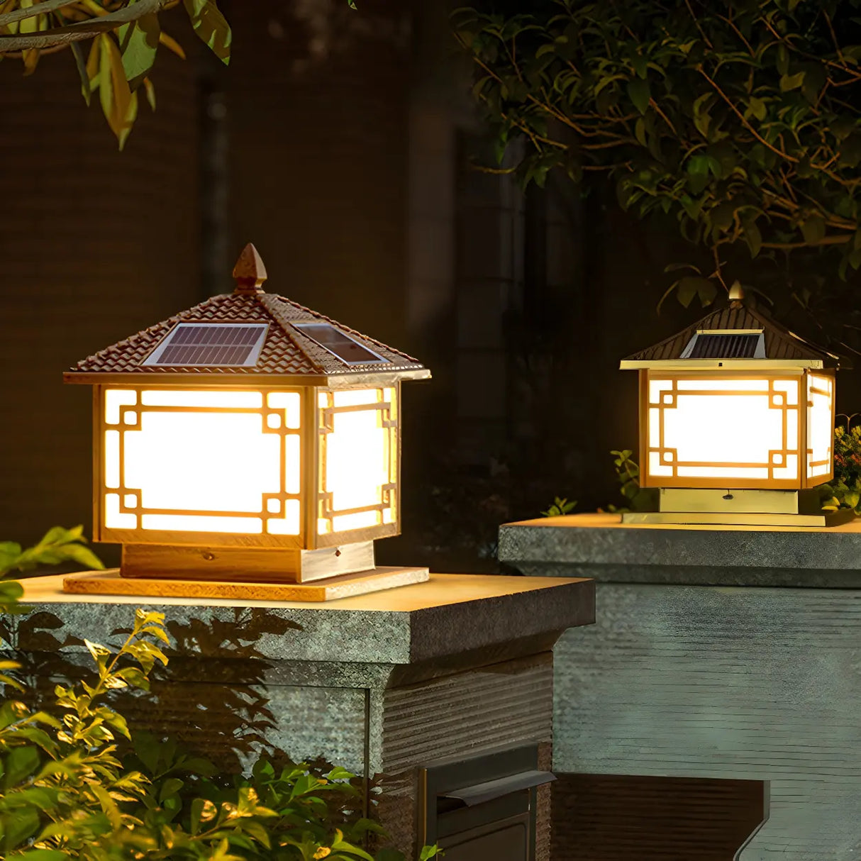 Classic Solar Asian Square Outdoor Garden Lantern Lamp Image - 6