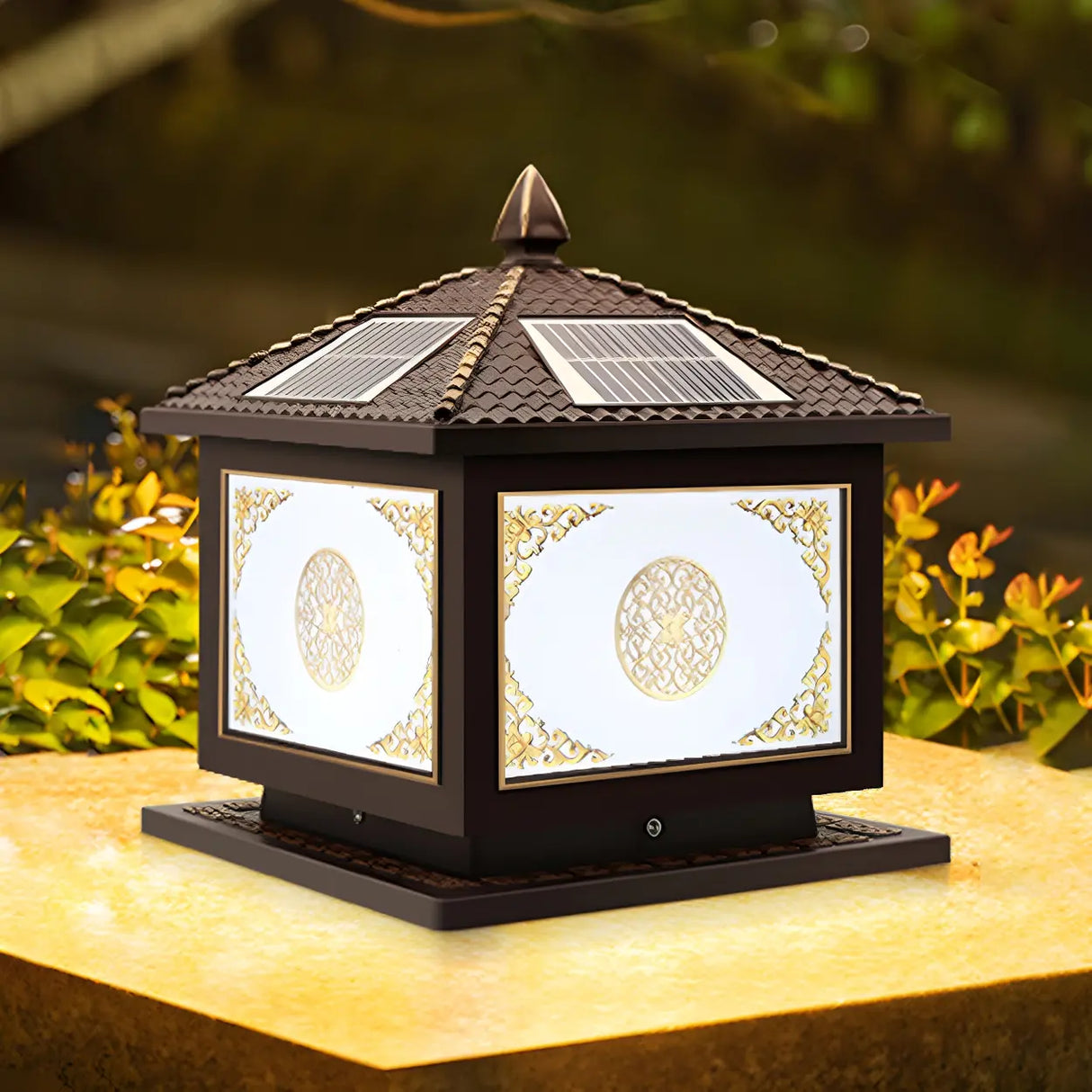 Classic Solar Chinese Pattern Square Outdoor Table Lamp Image - 2