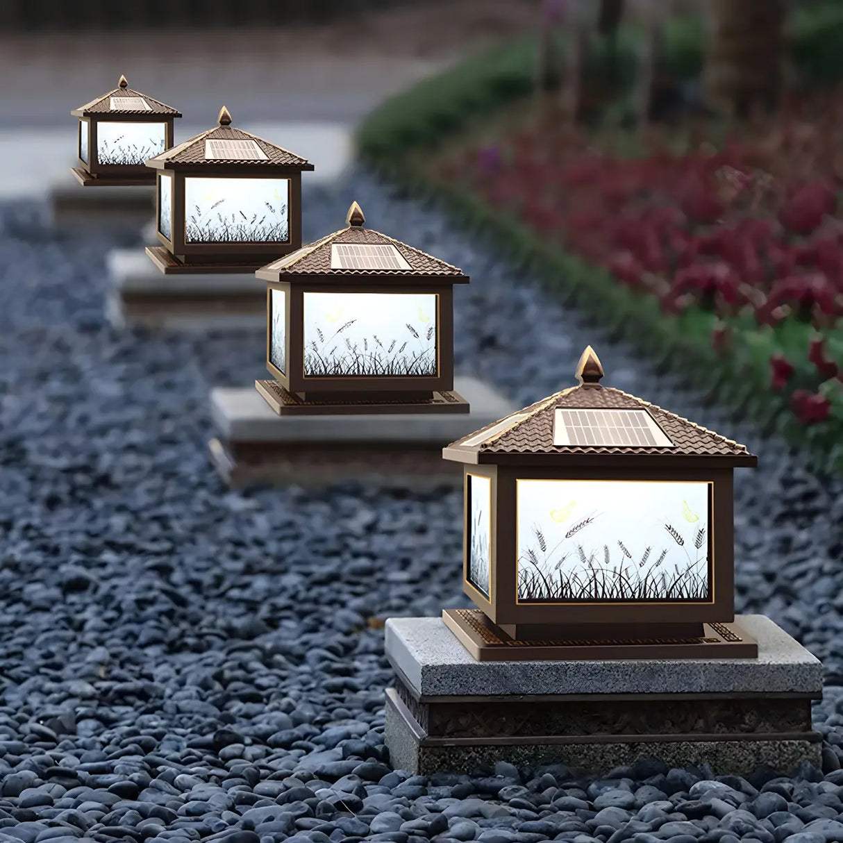 Classic Solar Chinese Pattern Square Outdoor Table Lamp Image - 4