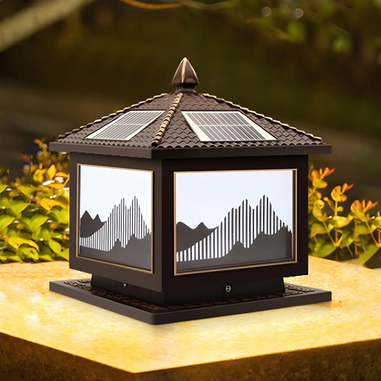 Classic Solar Chinese Pattern Square Outdoor Table Lamp Image - 5