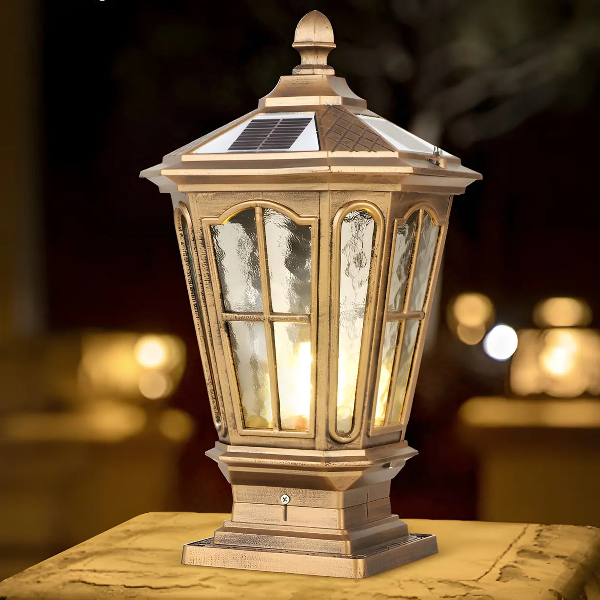 Classic Solar Pillar Lantern Gold LED Outdoor Table Lamp Image - 14