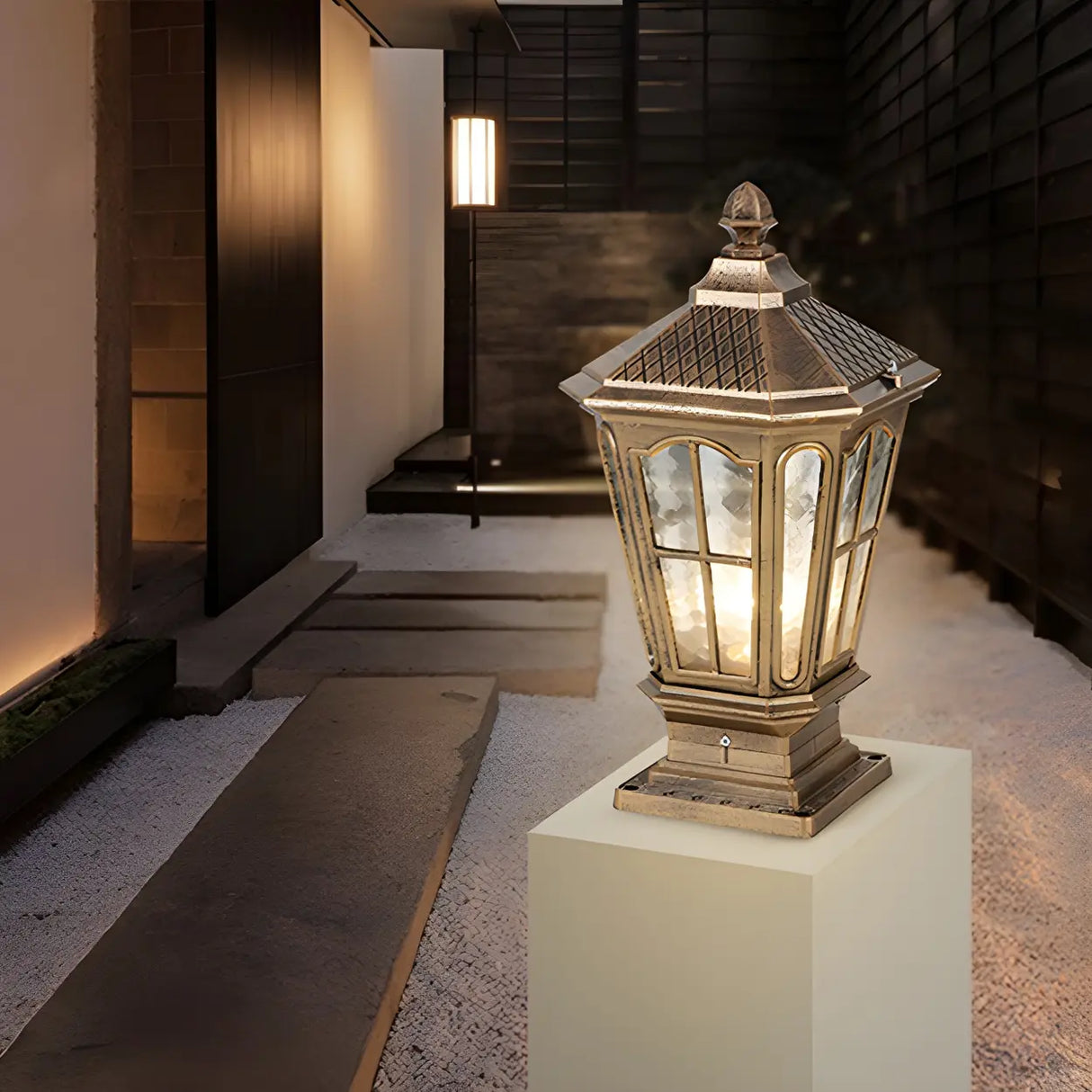 Classic Solar Pillar Lantern Gold LED Outdoor Table Lamp Image - 18