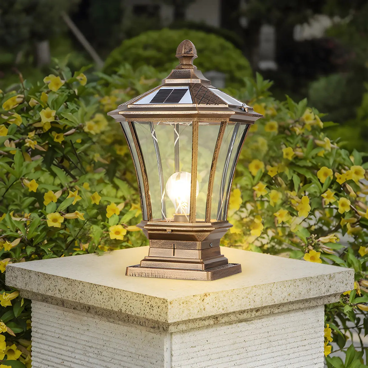 Classic Solar Pillar Lantern Gold LED Outdoor Table Lamp Image - 6