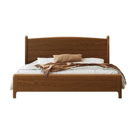 Classic Solid Wood Brown Queen Panel Bed with Headboard Image - 2