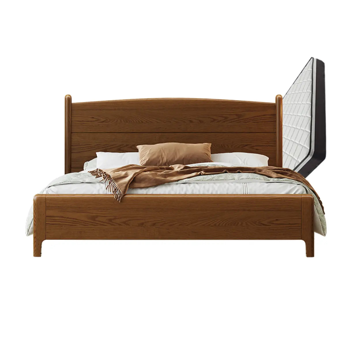 Classic Solid Wood Brown Queen Panel Bed with Headboard Image - 3